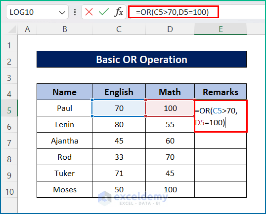 Basic OR Function in Excel