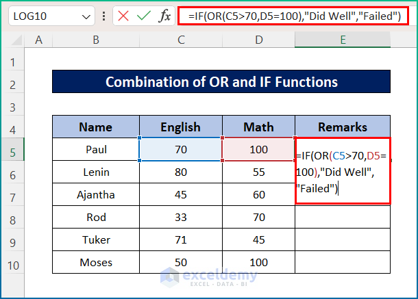 Combination of OR and IF Function in Excel