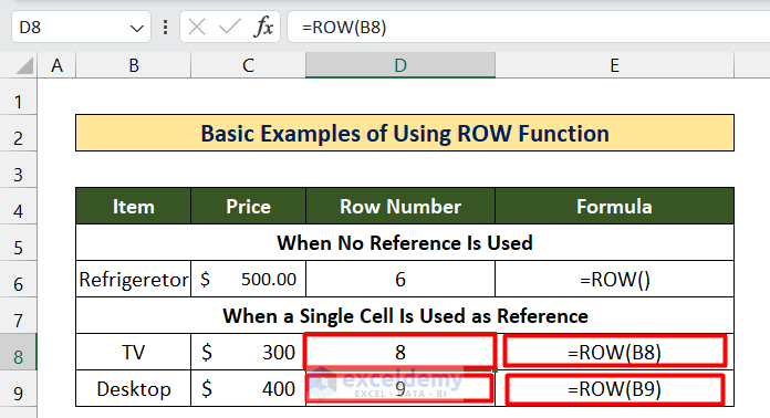Basic Examples Using ROW Function