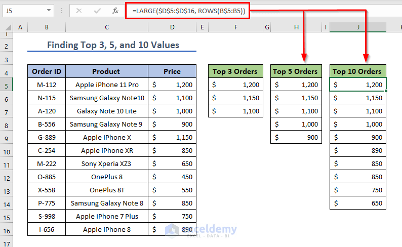 Excel ROWS Function for Finding Top Values