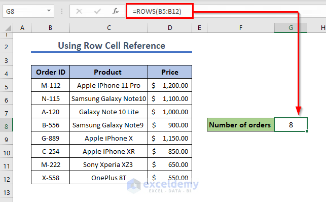 Excel ROWS Function Using Row Cell Reference