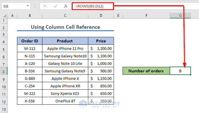 Excel ROWS Function Using Column Cell Reference