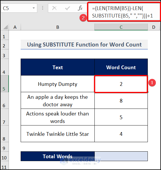 Word Count Using SUBSTITUTE Function in Excel