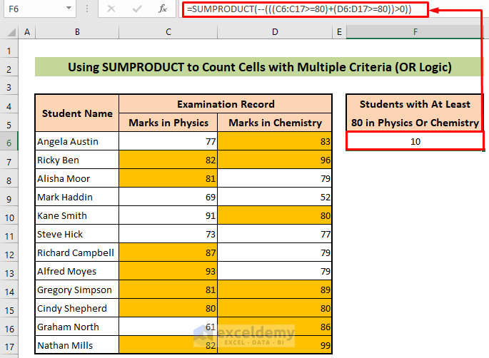 Use SUMPRODUCT Function to Count Cells with Multiple OR Criteria