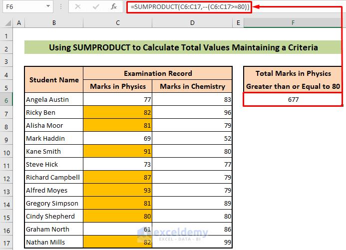 Use SUMRPODUCT Function to Sum Total Marks with Specific Criteria