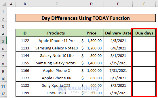 Finding the Difference between Days using the Excel TODAY Function
