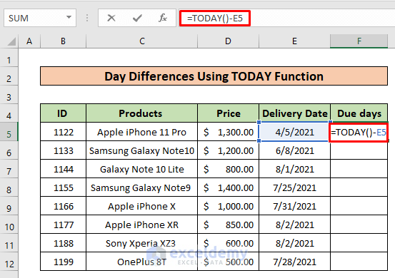 Finding the Difference between Days using the TODAY Function