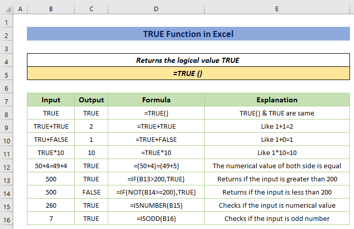 Quick View of TRUE Function in Excel