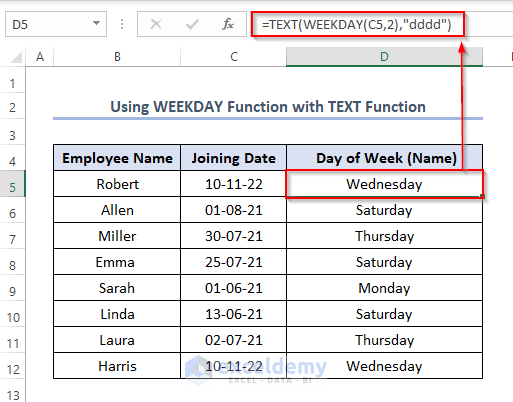 Using TEXT Function to Find Weekday Name