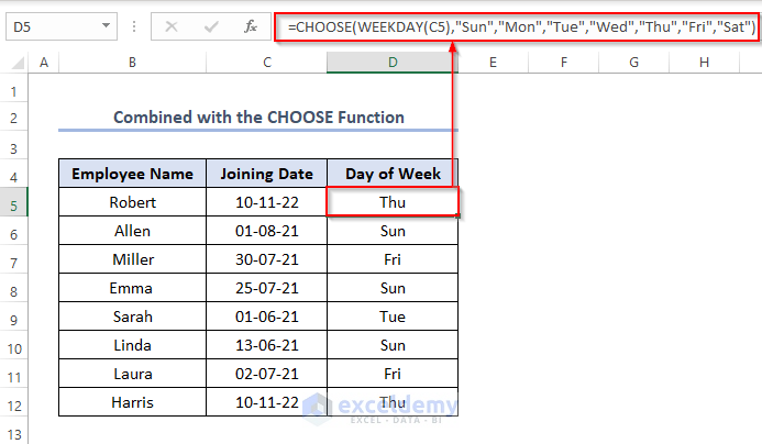 WEEKDAY Combined with CHOOSE Function