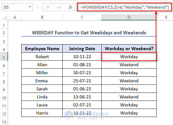 WEEKDAY Function to Get Weekdays and Weekends