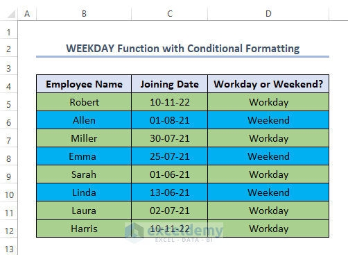 Excel WEEKDAY Function