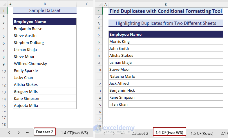 Sample dataset for finding duplicates from two different Excel worksheets
