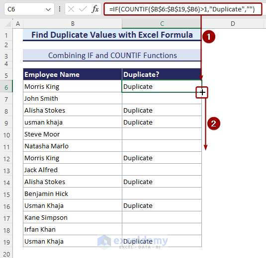 Using IF and COUNTIF functions to find duplicates