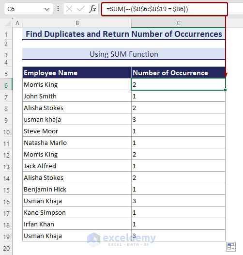 Using the SUM function to count duplicate occurrences