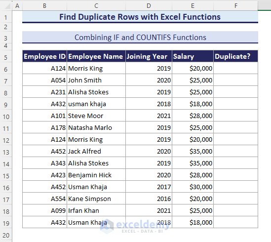 Sample dataset for finding duplicate rows from two or multiple columns in Excel