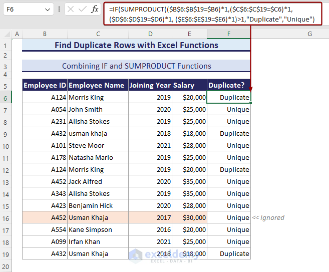 Using IF and SUMPRODUCT functions to find duplicate rows