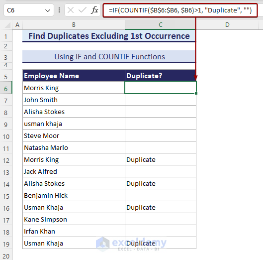 Using IF-COUNTIF formula to find duplicates excluding 1st occurrence