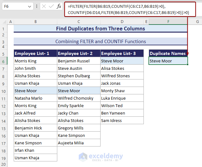 Using FILTER, and COUNTIF functions to find duplicate values from three lists.