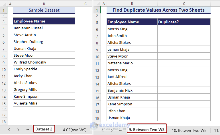 Sample dataset for finding duplicates from two different Excel worksheets