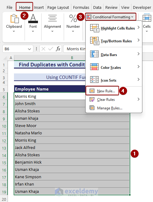 finding duplicate values by selecting the New Rule command