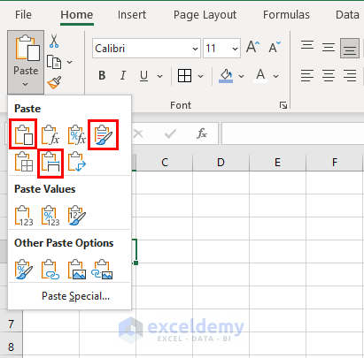 select Paste Option for the Copied data in Excel