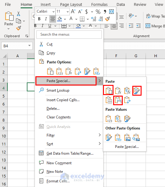 Paste Special Option to Paste data in Excel
