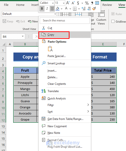 How do you copy and paste data in Excel without changing the format?