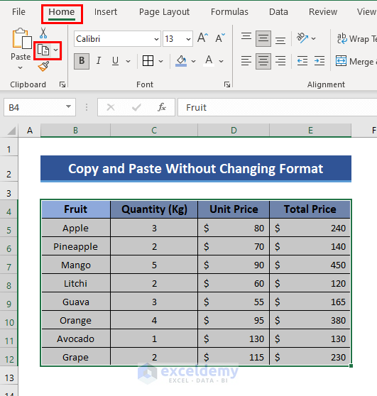 Copy in Excel without changing format