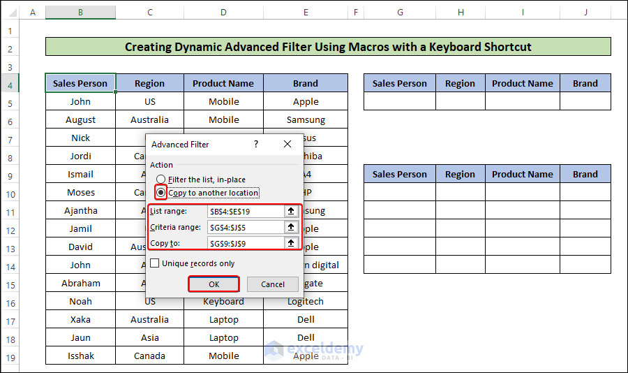 assigning criteria in advanced Filter