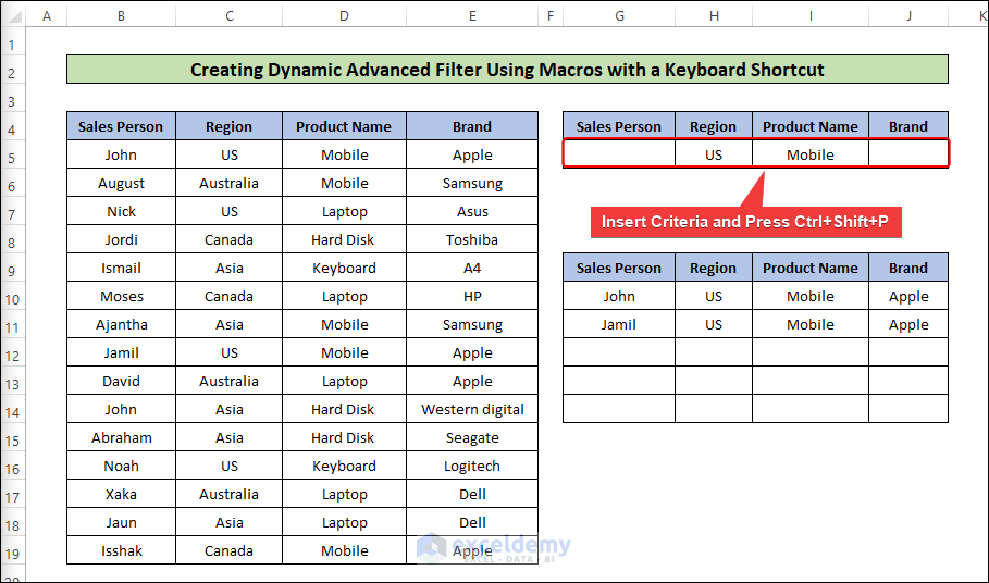 Dynamic Advanced Filter with a Keyboard Shortcut Created by Using Macros in Excel