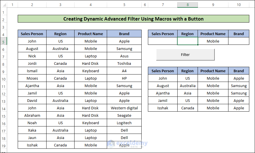 Dynamic Advanced Filter Button Created by Using Macros in Excel