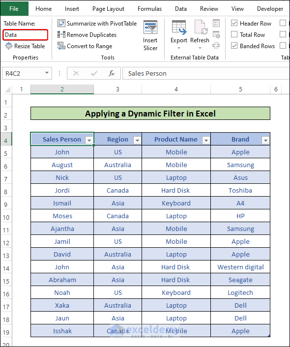 Setting table name in Excel
