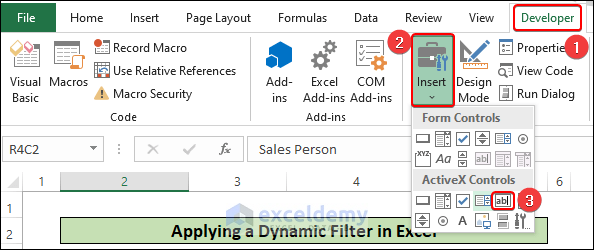 Inserting Text box from Developer tab in Excel