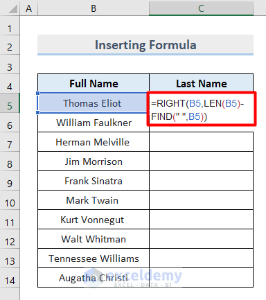Insert Formula to Sort by Last Name in Excel