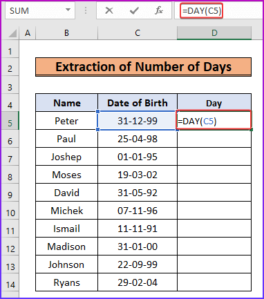 Inserting DAY Function Formula to Extract Number of Days as An Ideal Example to Use DAY Function in Excel