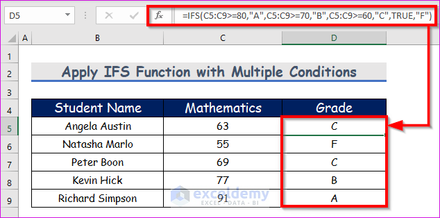 Apply IFS Function with Multiple Conditions to Calculate Grades