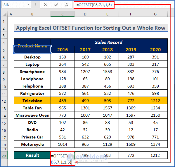 Applying Excel OFFSET Function for Sorting Out a Whole Row
