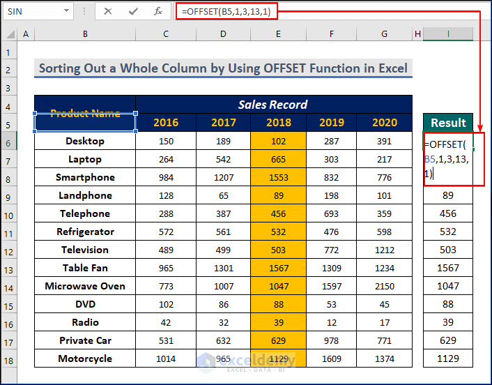 Sorting Out a Whole Column by Using OFFSET Function in Excel