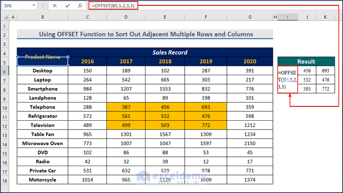 Using Excel OFFSET Function to Sort Out Adjacent Multiple Rows and Multiple Columns