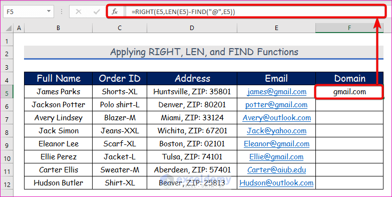 Applying RIGHT, LEN, and FIND Functions to Extract Domain Name from Email