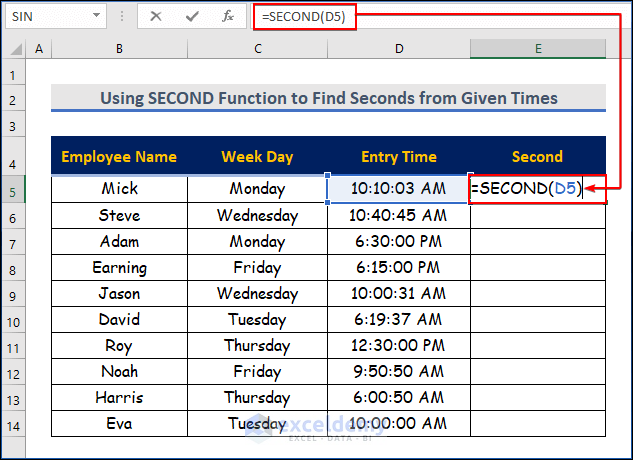 Using SECOND Function in Excel to Find Seconds from Given Times