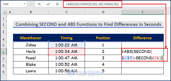 Combining SECOND and ABS Functions in Excel to Find Differences in Seconds