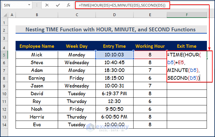 Nesting TIME Function with HOUR, MINUTE, and SECOND Functions in Excel