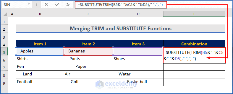 Merging TRIM and SUBSTITUTE Functions for Removing Spaces with Concatenation in Excel