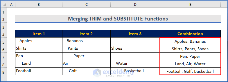 Merging TRIM and SUBSTITUTE Functions for Removing Spaces with Concatenation in Excel