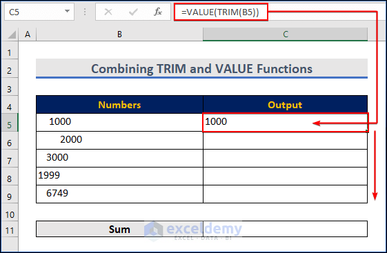 Combining TRIM and VALUE Functions to Delete Spaces for Numerical Values  in Excel