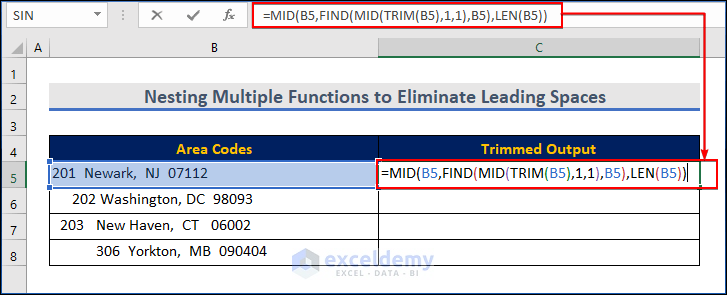 Nesting Multiple Functions with TRIM Function to Eliminate Leading Spaces from the Right in Excel