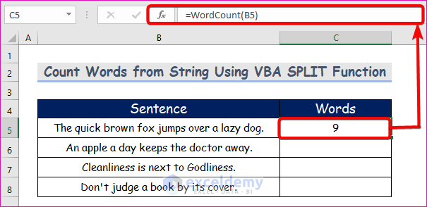 Count Words from String Using VBA SPLIT Function