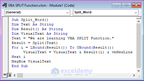 Split Words from String by Applying VBA SPLIT Function
